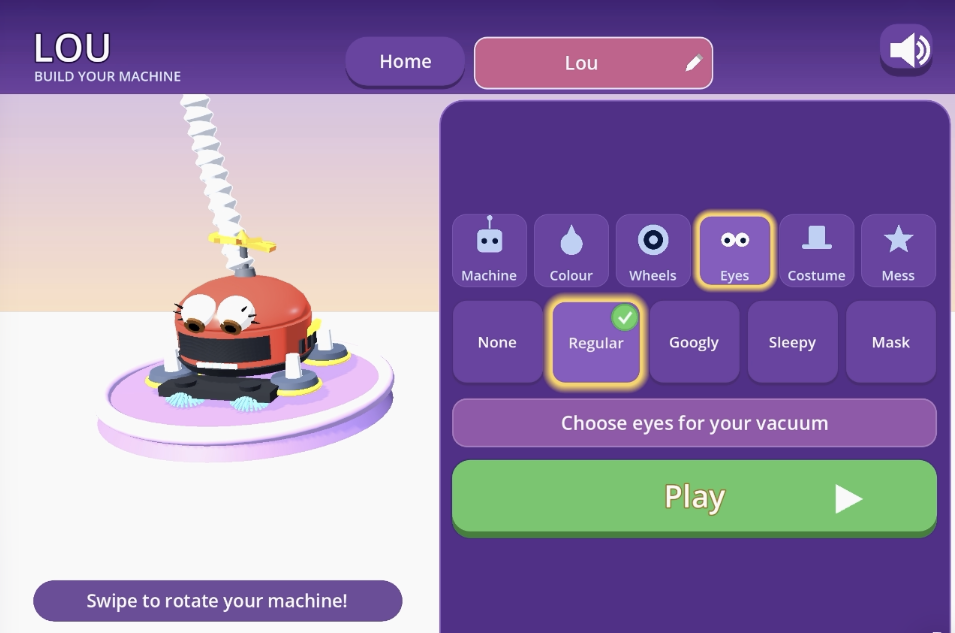 The workshop screen, where a red machine turns on a purple turntable while buttons for machine, colour, wheels, eyes, costume and mess let a child rebuild it