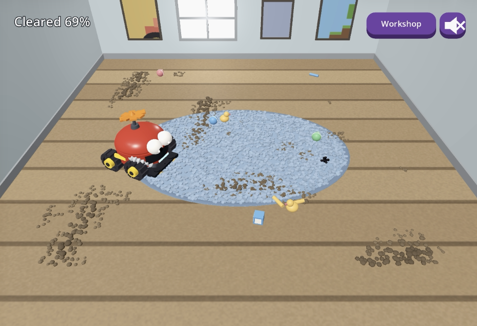 A wooden bedroom floor with a grey rug, scattered toys and trails of dirt, a red machine part way through clearing it