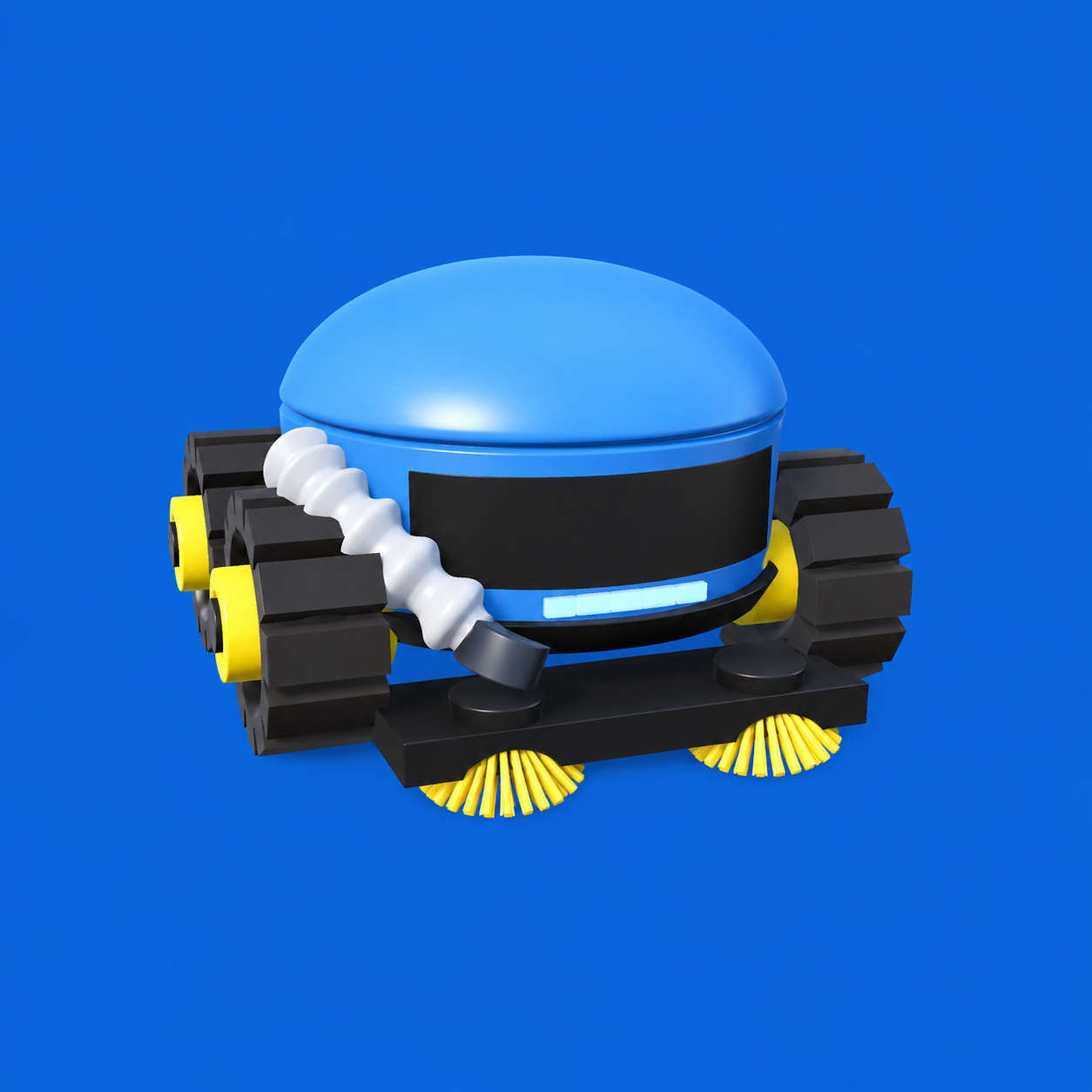 A 3D render of a blue domed machine with black treads, yellow wheel hubs, yellow front brushes, a white corrugated hose, and a dark front panel with a light-blue status bar, set against a solid blue background